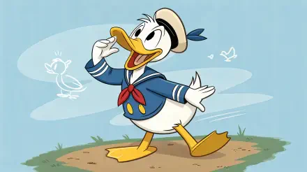 4K Ultra HD desktop wallpaper featuring Donald Duck in his classic sailor outfit, walking cheerfully with a blue sky and simple cartoon bird sketches in the background.