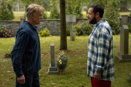 Scene from the movie Happy Gilmore 2 featuring two men confronting each other in a graveyard, presented as a 4K Ultra HD PC desktop wallpaper and background.