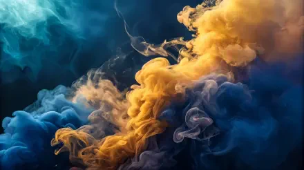A vibrant swirl of colorful smoke in blue and golden hues, rendered in stunning 4K Ultra HD quality, creating a dynamic and abstract desktop wallpaper background.