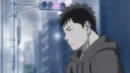 Anime HD PC wallpaper featuring Kafka Hibino from Kaiju No. 8 in a somber, rainy urban setting.