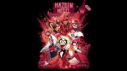 Vibrant Hazbin Hotel characters posed dynamically against a neon-lit motel backdrop in an 8K Ultra HD PC desktop wallpaper.