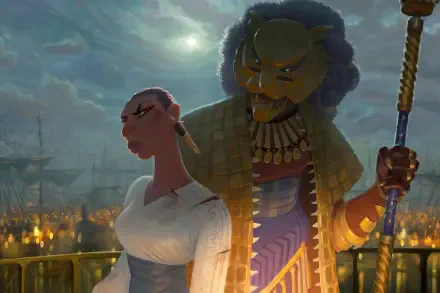 HD PC desktop wallpaper featuring animated characters from the TV show Eyes of Wakanda, showcasing a powerful scene with a woman and a regal figure against a dramatic backdrop.