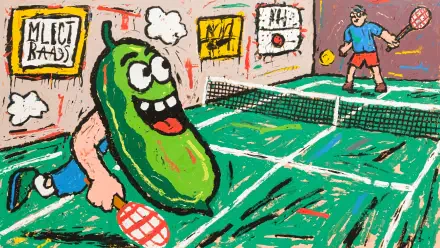 A vibrant 4K Ultra HD desktop wallpaper featuring a playful pickle character playing pickleball against a human opponent on an indoor court.
