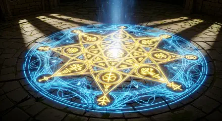 A glowing arcane circle with intricate symbols casts light on an ancient stone floor, rendered in 4K Ultra HD for a PC desktop wallpaper background.