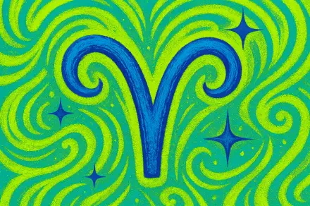 Vibrant Aries astrology symbol in bold blue against swirling green and yellow patterns, designed as a colorful 4K Ultra HD PC desktop wallpaper background.