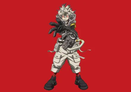 Anime-style character Rudo Surebrec from Gachiakuta stands dynamically against a vivid red background in this 4K Ultra HD PC desktop wallpaper.