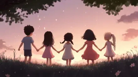 HD desktop wallpaper showing five friends holding hands at sunset, standing in a grassy field under a sky transitioning from pink to purple.