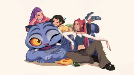 KPop Demon Hunters in 4K Ultra HD, featuring three stylized characters relaxing with a large, winking blue cat, set against a clean background for PC desktop wallpaper.