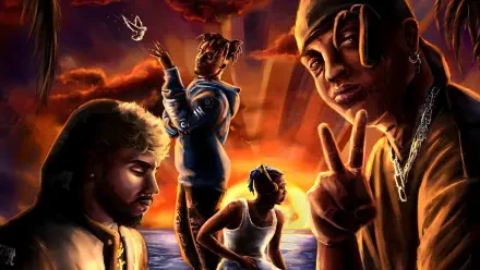 8K Ultra HD wallpaper featuring artistic portraits of XXXTentacion, Juice WRLD, Ski Mask the Slump God, and DJ Scheme against a vibrant sunset backdrop.