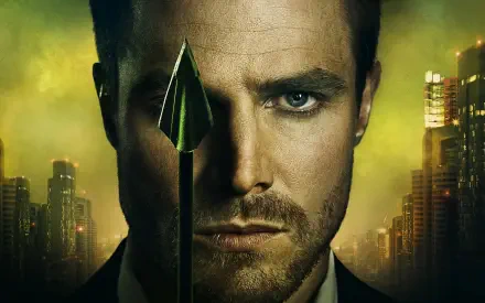 HD desktop wallpaper featuring a close-up of Arrow from the TV show, with his signature arrow aligned to his face against a cityscape background.