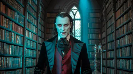 4K Ultra HD PC desktop wallpaper of Dracula standing in a dimly lit, gothic library with tall bookshelves and a stained-glass window casting eerie light.