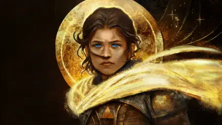 4K Ultra HD PC desktop wallpaper featuring a stylized portrait of a character from Dune: Part Two with striking blue eyes and golden halo-like background.