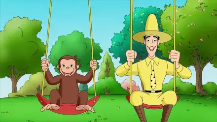 HD PC desktop wallpaper/background from the TV show Curious George: the Man with the Yellow Hat and George on red swings in a sunny green park.