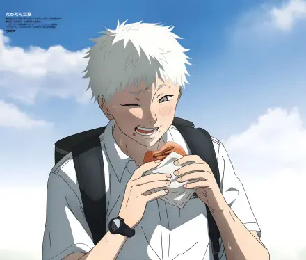 4K anime desktop wallpaper: Indou Hikaru from The Summer Hikaru Died — white-haired student in uniform and backpack smiling while eating a sandwich beneath a bright blue sky.