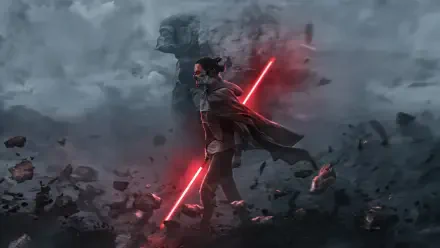 Rey (Star Wars) in dark attire strides through stormy rubble, wielding red dual lightsabers — dramatic 4K Ultra HD PC desktop wallpaper and background.