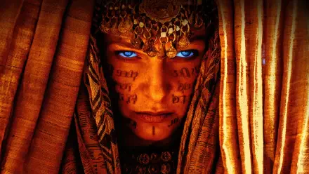 Dune: Part Two 4K Ultra HD PC desktop wallpaper — close-up of a veiled figure with glowing blue eyes, facial script tattoos and ornate headpiece framed by warm golden-orange drapery.
