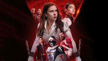 Black Widow 4K Ultra HD PC desktop wallpaper: a determined woman in a white tactical suit stands centered, flanked by allies and a masked figure against a dramatic, fiery red backdrop.