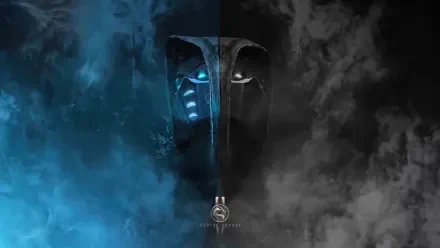 Mortal Kombat 2 (2025) 4K Ultra HD PC desktop wallpaper — split masked face: blue icy mist left, dark smoke right, central blade and Mortal Kombat emblem.