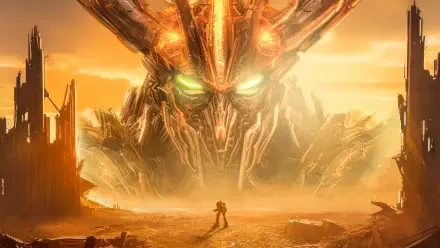 Transformers: Rise of the Beasts 4K Ultra HD PC desktop wallpaper depicting a lone figure facing a massive, glowing-eyed robotic face rising from a sunlit desert wasteland.