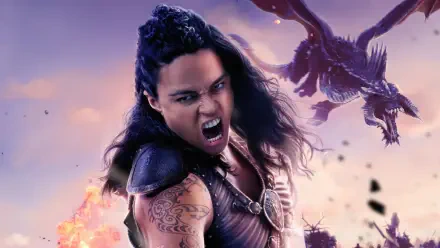 Dungeons & Dragons: Honor Among Thieves 4K Ultra HD PC desktop wallpaper — fierce armored warrior with tattoos roaring as a small dragon swoops amid fire and smoke.