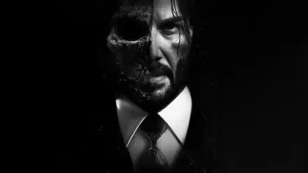 John Wick: Chapter 4 4K Ultra HD PC desktop wallpaper — high-contrast split-face portrait: half man, half skull, wearing a suit and tie against a black background.