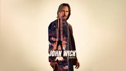 John Wick: Chapter 4 4K Ultra HD PC desktop wallpaper featuring a lone, coat-clad protagonist with a double-exposed city and Eiffel Tower silhouette and bold film title.