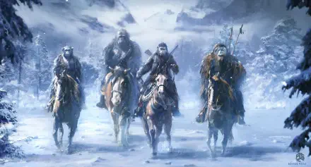 War For The Planet Of The Apes HD PC desktop wallpaper showing four apes on horseback riding through a snowy, stormy landscape.