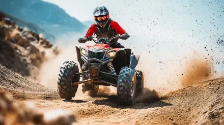 OHV quad charging across dusty off-road terrain, rider in red gear kicking up a cloud of dirt — 4K Ultra HD PC desktop wallpaper and background