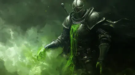 4K Ultra HD PC desktop wallpaper: a fantasy knight in cursed black armor, green poisonous ichor dripping from gauntlets and chest, wreathed in toxic emerald mist.