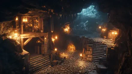 4K Ultra HD PC desktop wallpaper/background: fantasy dwarven mine interior, torchlit stone stairways, wooden platforms and a blue-lit cavern mouth.