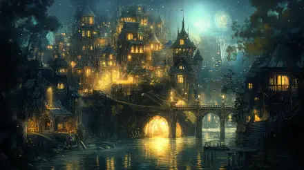 4K Ultra HD PC desktop wallpaper/background: a glowing fantasy city of cliffside houses and arched bridges, golden lights reflecting on a misty river beneath a moonlit sky.