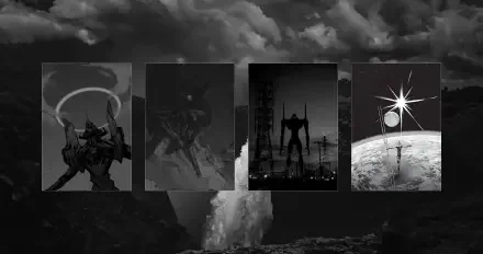4K Ultra HD PC wallpaper: Neon Genesis Evangelion dark anime/manga montage—four panels of Evangelion Unit‑01 silhouettes over stormy clouds, moon and industrial skyline.