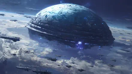 Sci‑Fi capital ship: a massive domed spaceship hovers above a cloudscape as smaller craft swarm beneath — 4K Ultra HD PC desktop wallpaper and background.