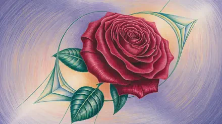 Colored pencil illustration of a red rose with green leaves set against a swirling pastel circular field with geometric accents — 4K Ultra HD PC desktop wallpaper and background.