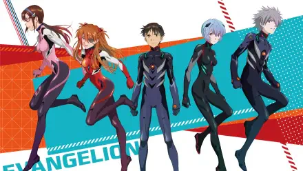 Evangelion: 1.0 You Are (Not) Alone — 4K Ultra HD PC desktop wallpaper showing five pilots in black plugsuits striking dynamic poses against a red and teal geometric background.