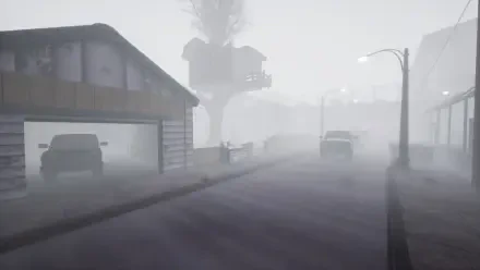 HD PC desktop wallpaper for the video game Abiotic Factor: fog-shrouded suburban street with parked cars, muted houses and dim streetlights fading into the mist.