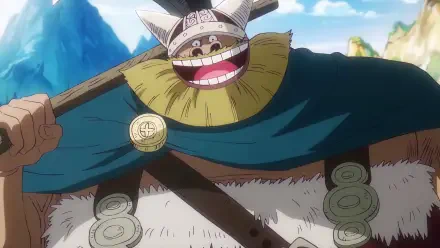 Anime One Piece HD PC desktop wallpaper: Brogy grinning in a fur cloak and horned helmet, holding a wooden club against a bright sky background.