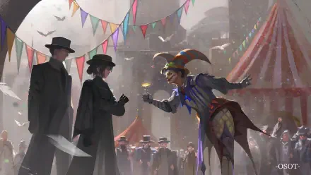 Novel 4K Ultra HD PC desktop wallpaper: painted carnival scene with a colorful jester offering a glowing orb to two dark-suited figures beneath bunting and striped tents.
