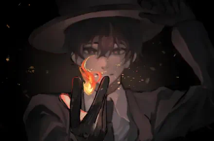 Novel-themed HD PC desktop wallpaper: moody anime-style figure in a wide-brim hat cradling a small flame between gloved fingers against a dark, starry background.