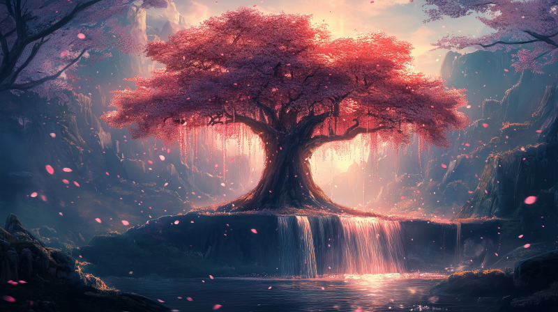 {{ A stunning cherry blossom tree stands majestically by a serene river, with cascading waterfalls and a dreamy, ethereal ambiance—an enchanting HD desktop wallpaper. 