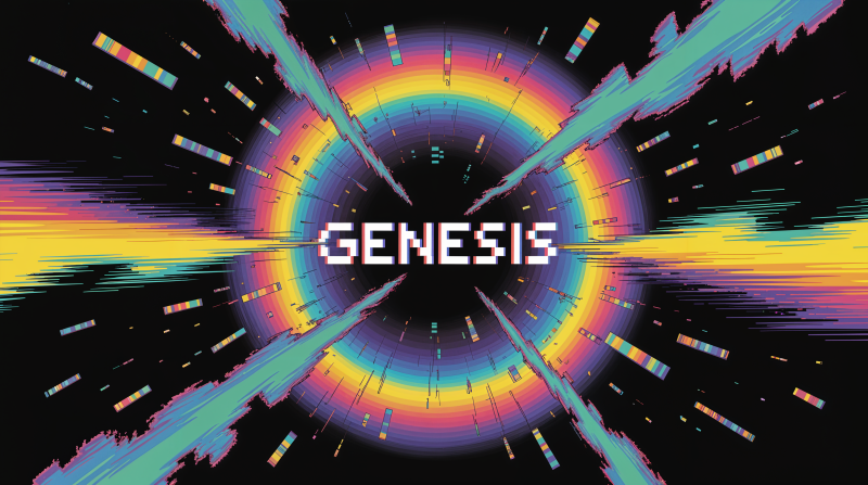 {{ 4K Ultra HD PC desktop wallpaper depicting a colorful, pixelated Big Bang explosion with GENESIS text at the center, radiating vibrant rainbow rings and dynamic streaks. 