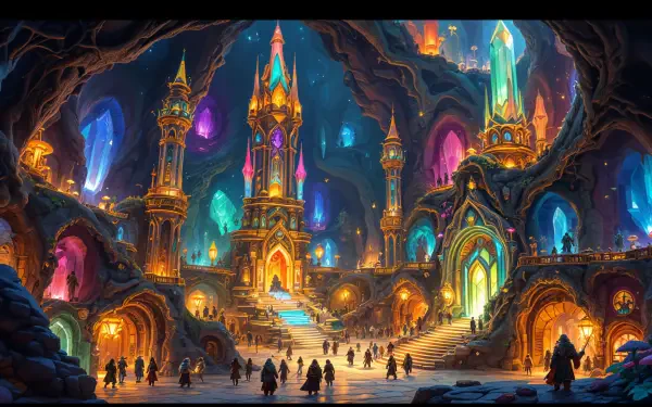 A vibrant dwarven underground city illuminated by colorful crystals, featuring grand architecture and bustling figures, designed as a stunning 4K Ultra HD wallpaper for desktop backgrounds.