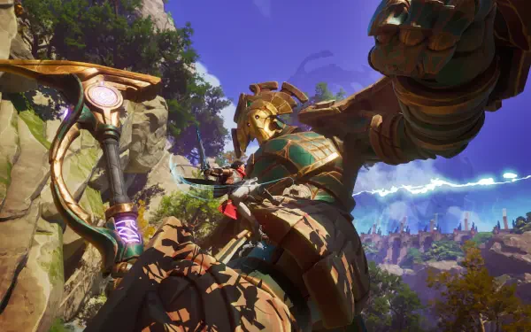 A stunning 4K Ultra HD wallpaper featuring a colossal mech from the video game Eternal Strands, set against a vibrant landscape and dynamic sky.