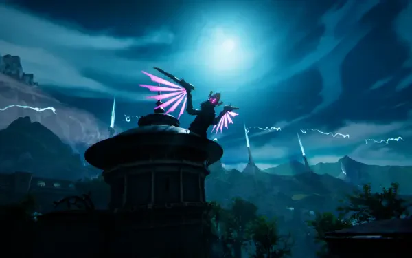 A striking scene from the video game Eternal Strands, showcasing a mystical figure with vibrant wings against a dramatic night sky, featuring bright lightning and a large moon. 4K Ultra HD quality.