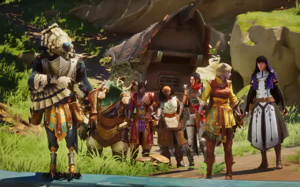 A vibrant 4K Ultra HD wallpaper featuring characters from the video game Eternal Strands, standing together in a lush, detailed environment with a unique backdrop.