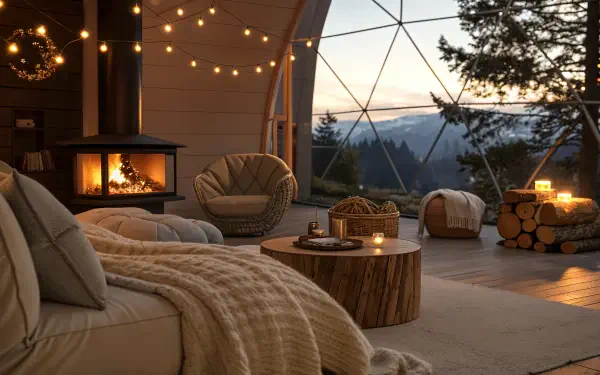 A cozy evening scene featuring a warm, inviting interior with a fireplace, comfortable seating, and soft lighting, set against a backdrop of nature and a serene sunset. 4K Ultra HD wallpaper.