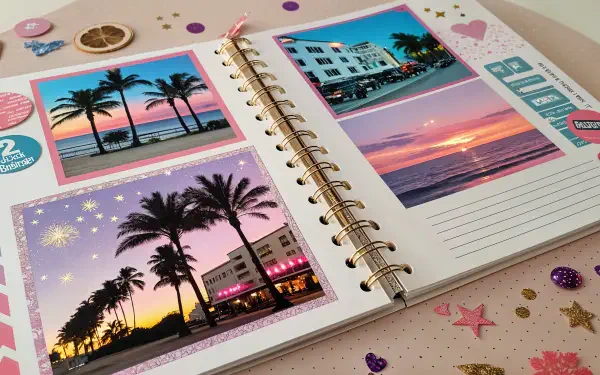A 4K Ultra HD scrapbooking image featuring a decorated album page with vibrant photos of palm trees, beach scenes, and a sunset, embellished with colorful stickers and sparkles.