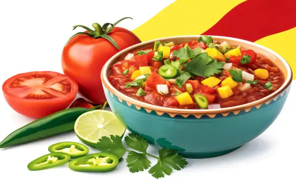 Vibrant bowl of salsa featuring fresh tomatoes, cilantro, and peppers, set against a colorful background, showcasing a delicious and inviting 4K Ultra HD aesthetic.