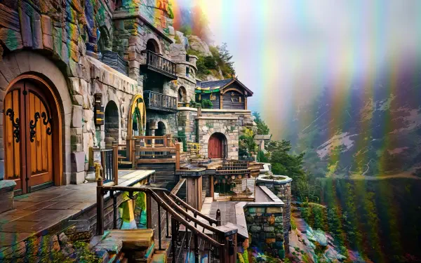 A stunning dwarven stronghold, featuring intricate stone architecture and wooden accents, nestled among lush mountainous scenery. 4K Ultra HD wallpaper for a breathtaking desktop background.