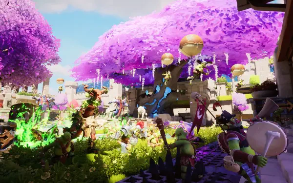 An HD wallpaper from the video game *Orcs Must Die! Deathtrap*, featuring vibrant landscapes with orcs and magical elements under a canopy of purple trees.